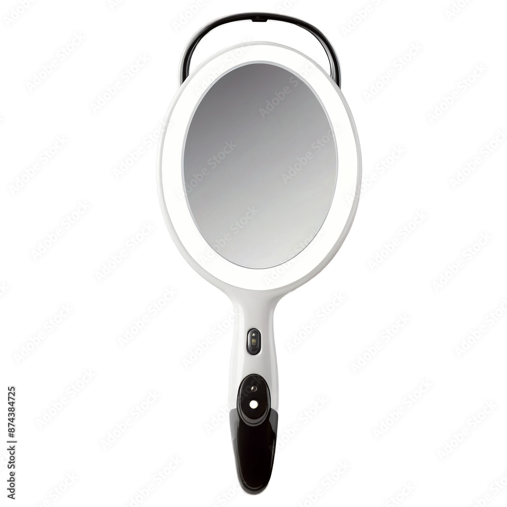 Poster A small handheld mirror with builtin LED lights around the edges. It is doublesided with one side showing a magnified view..