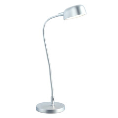 A compact squareshaped lamp with a curved cylindrical arm that extends from one corner. The lamp is made of brushed metal and has a matte finish. It is designed to provide targeted.