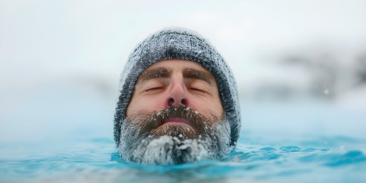 Preparing for Cold Exposure Man Using Wim Hof Breathing Techniques. Concept Cold Exposure, Wim Hof Method, Breathing Techniques, Mindfulness, Ice Bath