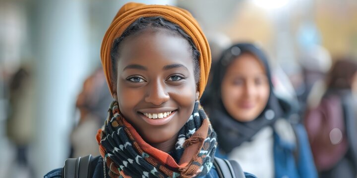 Migration center staff assisting African student with refugee integration temporary protection banner. Concept Refugee Integration, Migration Center, African Student, Temporary Protection