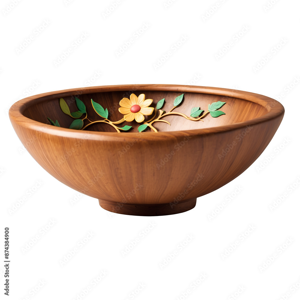 Poster a charming bowl made of polished wood with a deep circular shape. its exterior is adorned with delic