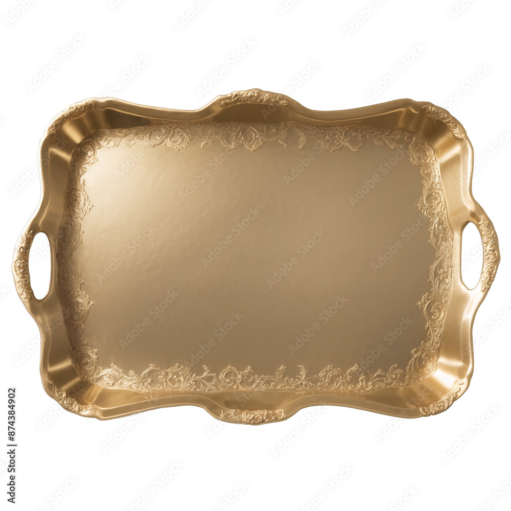 Poster A large brass tray with a hammered texture and scalloped edges adorned with a beautiful filigree design..
