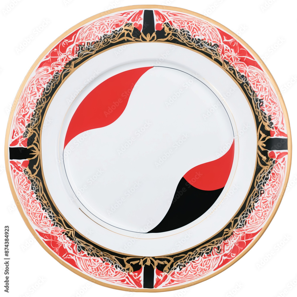Poster An intricately patterned plate with a geometric design in shades of red white and black. The edges are adorned with gold and the plate has a smooth polished finish..