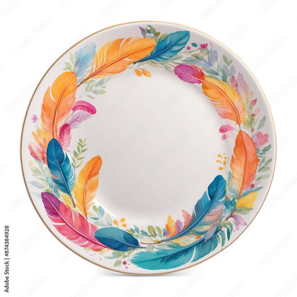 Poster A vibrant plate with a handpainted pea surrounded by colorful feathers and flowers. The plate has a glossy surface and a wavy edge with a slight iridescent sheen..