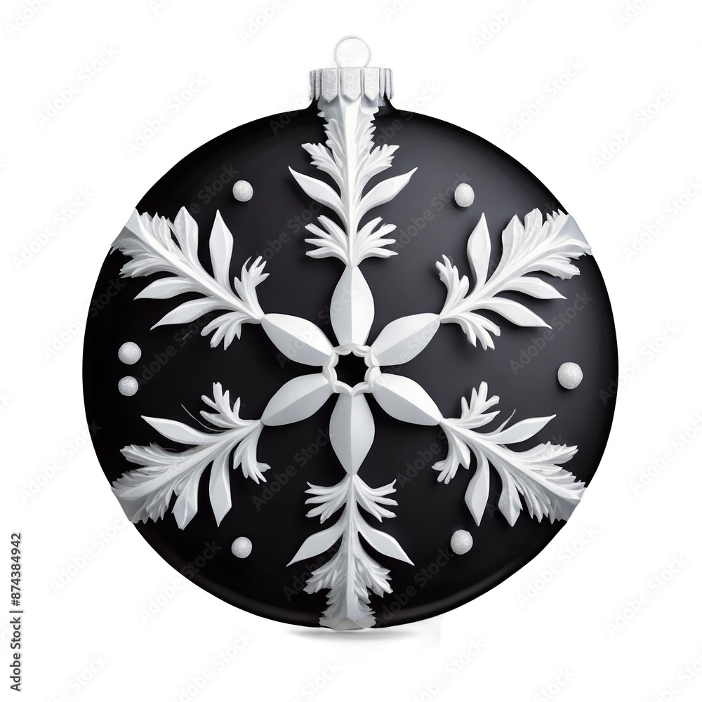 Aufkleber A circular ornament with a matte black surface and a single silver snowflake in the center. It is lightweight and made of plastic..