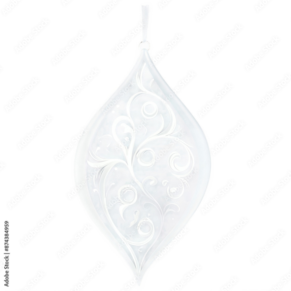 Poster A teardropshaped ornament with a frosted glass appearance. It has a simple yet elegant pattern of white swirls..