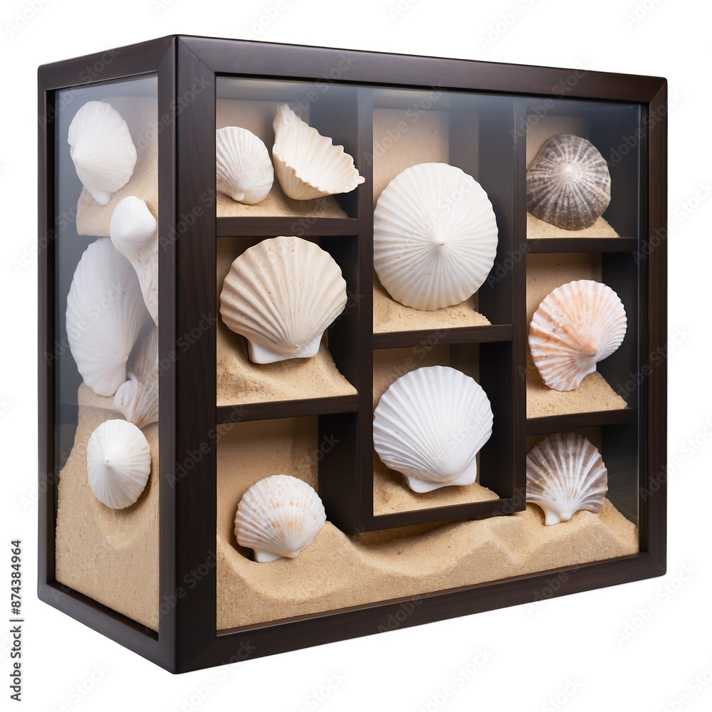 Poster A rectangular box made of smooth dark wood with a glossy finish. The front panel is comprised of a large sheet of transparent glass revealing an intricate display of seashells and.