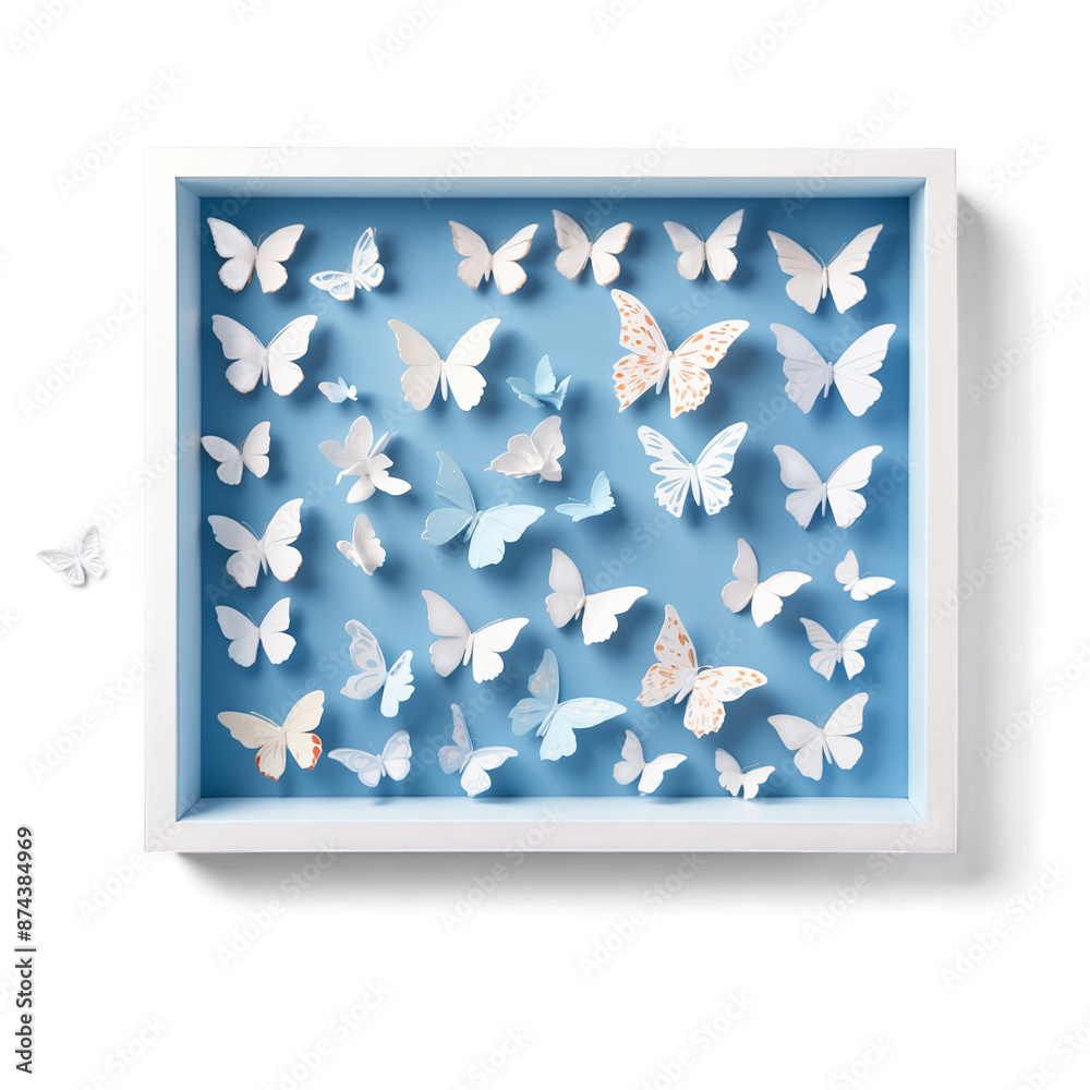 Fototapete A white shadow box with a simple and clean design. Inside the frame there is a row of paper butterflies in different sizes and colors delicately layered against a soft blue.