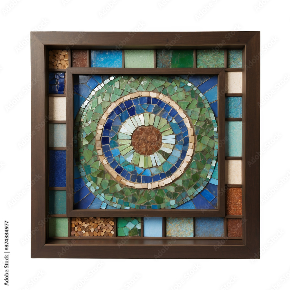 Aufkleber A deep brown shadow box with a rustic distressed look. The top portion of the frame is covered in a pattern of small intricate mosaic tiles in shades of blue and green. Inside the.