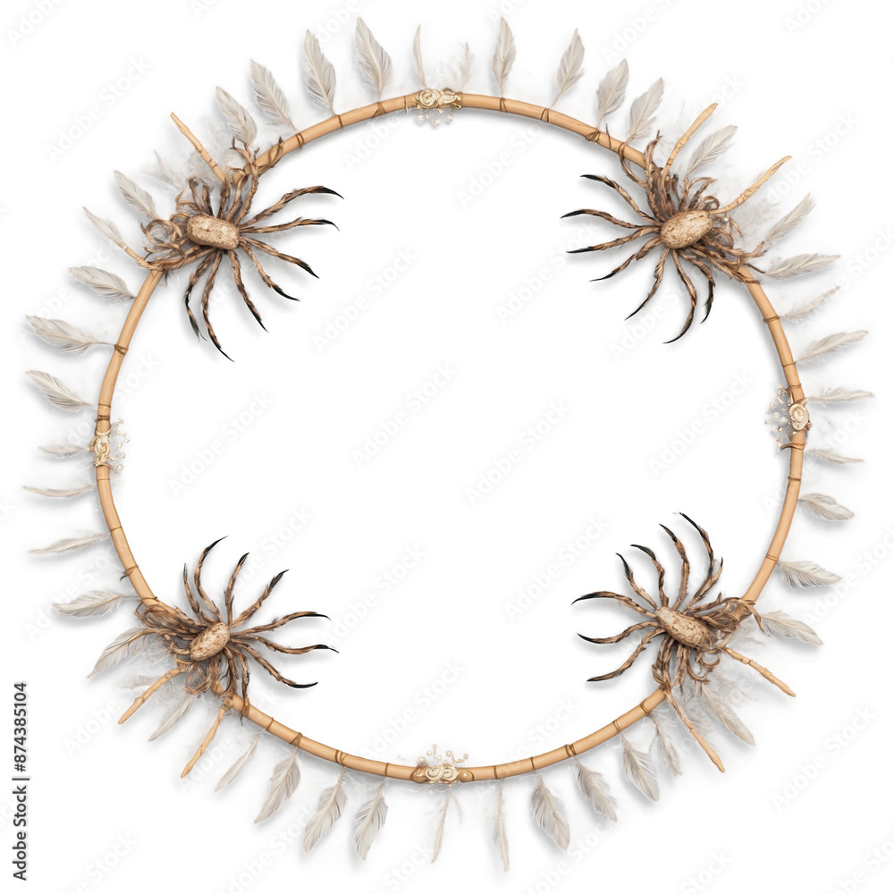 Poster An intricately woven circular frame adorned with feathers and beads resembling a spiders web with a central hole..