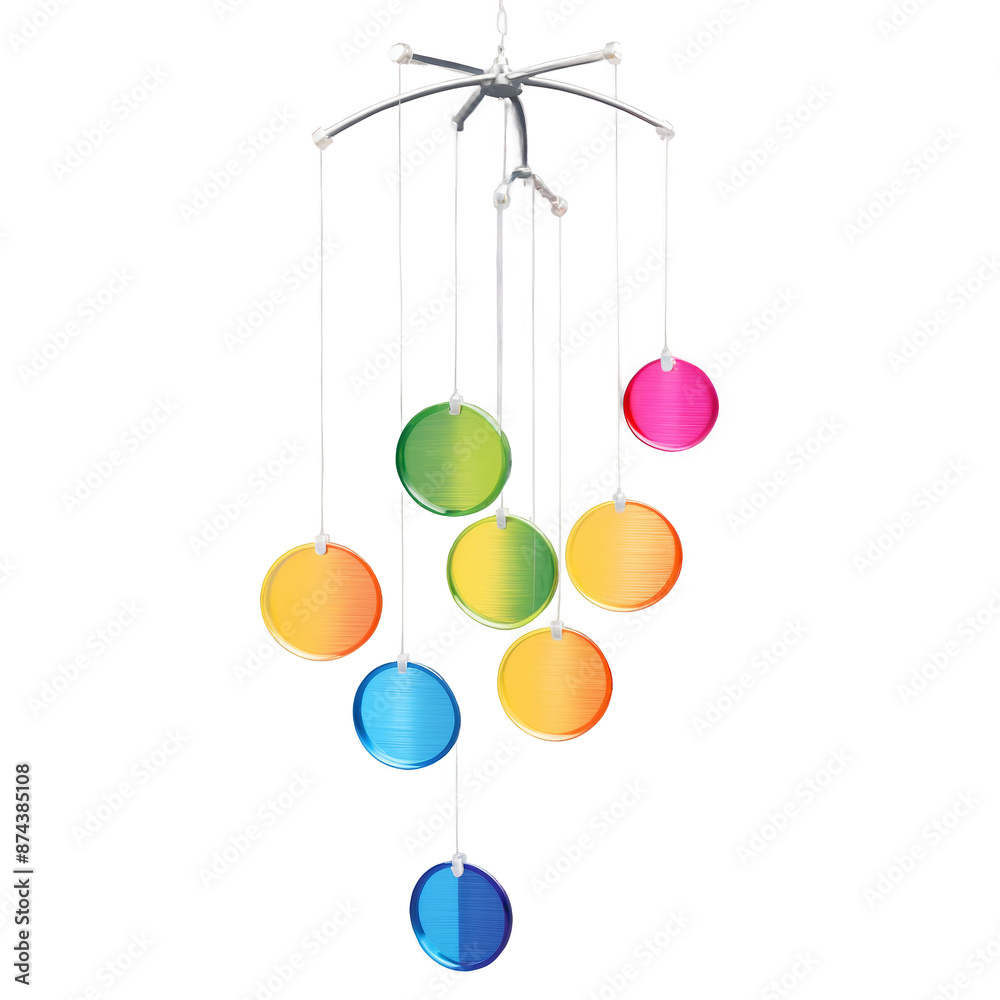 Poster a charming hanging decoration made of metallic tubes and colorful glass discs. when the wind blows t
