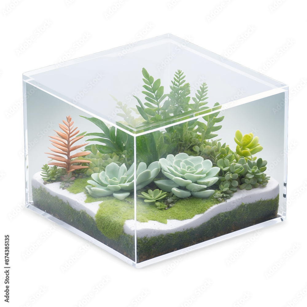 Poster a glass cube housing a lush green habitat with moss ferns and tiny succulents..