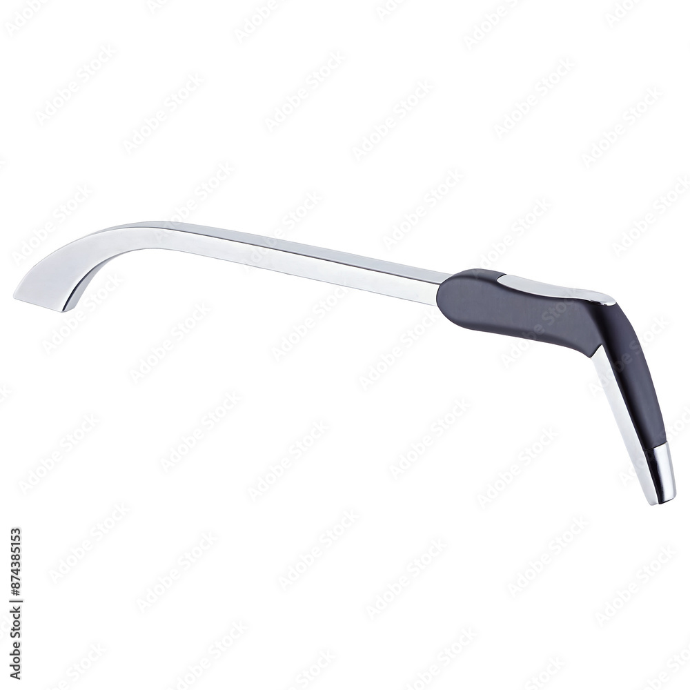 Poster A shiny metal tool with a slender curved handle and a flat rectangularshaped head. The handle is topped with a small circular ..