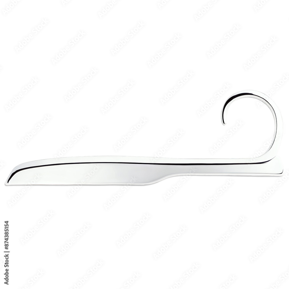 Poster A long thin device made of silver metal similar to a long s with a flat rectangular piece at the end instead of a bowl. The handle is slightly curved..