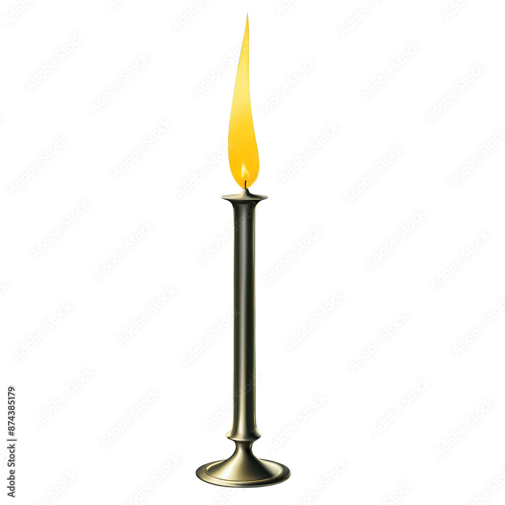 Poster A long thin object with a metallic sheen designed to extinguish candle flames. It has a curved handle and a rectangularshaped head with a small circular hole at the end..