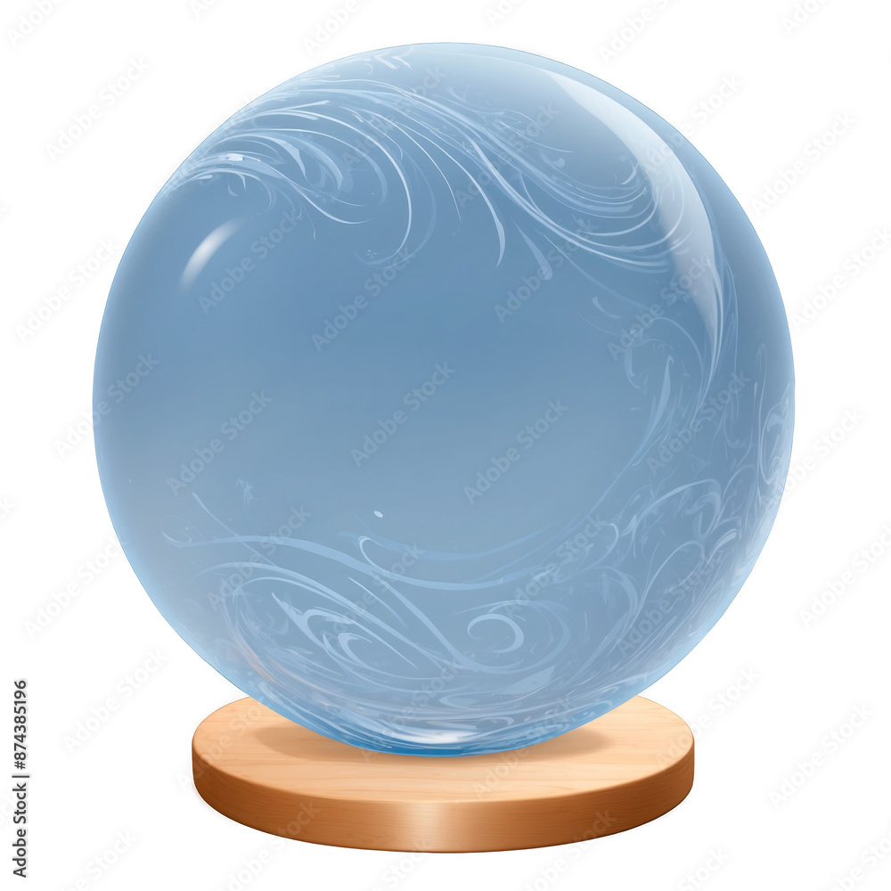 Poster A small round object with a glass casing and a wooden base. The glass is tinted a soft blue and has a delicate swirling pattern etched into it..