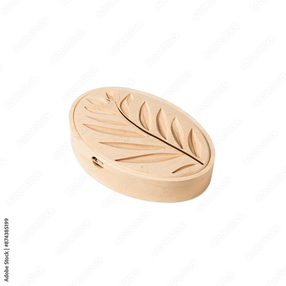 Aufkleber An ovalshaped device crafted from lightcolored wood with a small compartment for adding essential oils. The front features a carvedout design resembling leaves..