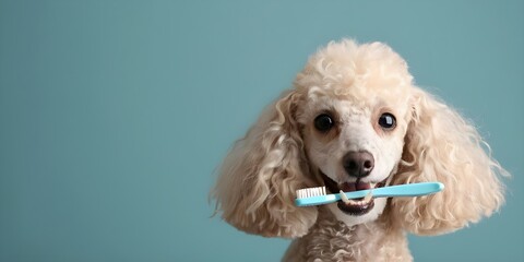 Miniature poodle with toothbrush in mouth on blank background promoting dental care. Concept Pet Dental Health, Miniature Poodle, Toothbrush, Blank Background, Promotional Advertisement