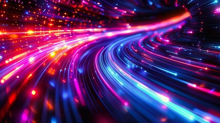 Naklejka premium Vibrant neon lights in motion creating a colorful abstract background with dynamic swirling patterns.