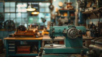 Vintage workshop with industrial machinery, tools, and equipment. Rustic setting for mechanical and engineering projects.