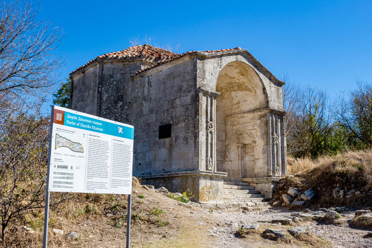 BAKHCHYSARAY, CRIMEA - SEPTEMBER 2014: Durbe of Djanike Khanum (Mausoleum Dzhanike-Khanym), daughter of Golden Horde Khan Tokhtamysh. Ancient town Chufut-Kale, Bakhchysarai, Crimea
