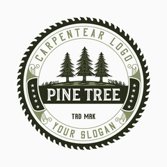 Vintage carpentry saw blade emblem logo with luxury illustration premium vector