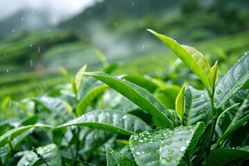 Obraz premium Green tea leaves in a tea plantation in morning , Tea plantations at dawn