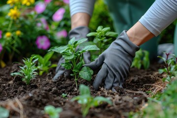 A person plants saplings in a garden bed, carefully adjusting the soil around the roots with gloved hands