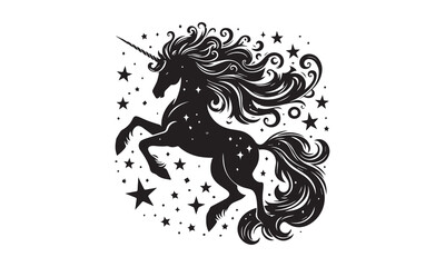 unicorn, Magic unicorn silhouette, Silhouette of a flying unicorn, Unicorn head circle tattoo illustration, horses tattoo. Black unicorn silhouette vector style and white background