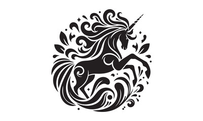 unicorn, Magic unicorn silhouette, Silhouette of a flying unicorn, Unicorn head circle tattoo illustration, horses tattoo. Black unicorn silhouette vector style and white background