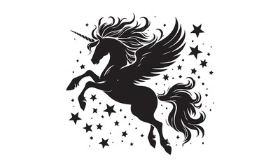 unicorn, Magic unicorn silhouette, Silhouette of a flying unicorn, Unicorn head circle tattoo illustration, horses tattoo. Black unicorn silhouette vector style and white background