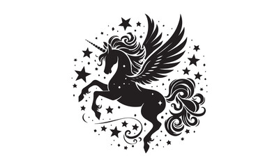 unicorn, Magic unicorn silhouette, Silhouette of a flying unicorn, Unicorn head circle tattoo illustration, horses tattoo. Black unicorn silhouette vector style and white background