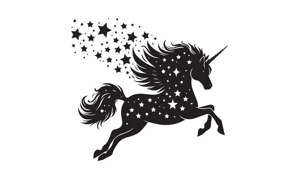 unicorn, Magic unicorn silhouette, Silhouette of a flying unicorn, Unicorn head circle tattoo illustration, horses tattoo. Black unicorn silhouette vector style and white background