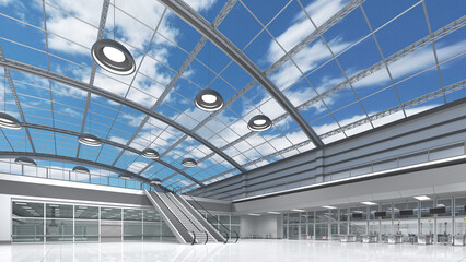 Shopping mall interior with store facades, escalators and a vaulted transparent roof overlooking the sky with clouds. 3d illustration