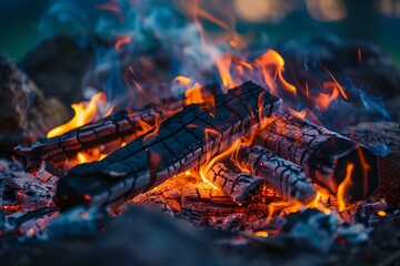A pile of burning wood with a lot of smoke and fire. The fire is orange and yellow, and the smoke is black. Scene is warm and cozy, as if someone is sitting by the fire on a cold night