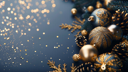 Luxury Gold Christmas Decorations on Dark Blue Background, Elegant Festive Holiday Ornaments for Winter Season Celebrations
