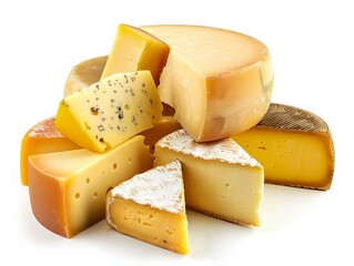 A variety of cheeses are displayed in a pile, including some yellow and white cheeses. The cheeses are cut into slices and arranged in a visually appealing manner. Concept of abundance and variety