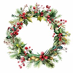 A wreath of red berries and green leaves with a white background. The wreath is a symbol of the holiday season and is often used as a decoration during Christmas time. The bright colors of the berries