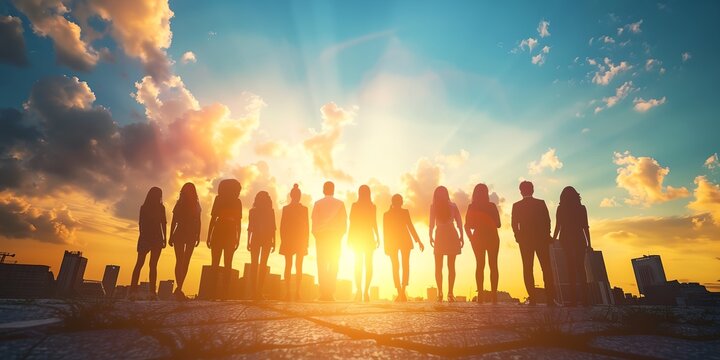A group of people are standing in front of a sunset, with the sun shining brightly on them. Scene is one of unity and togetherness, as the group of people are all standing together