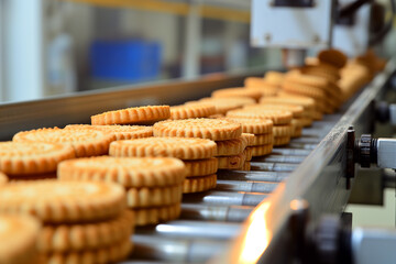 automatic bakery production line with sweet biscuits, selective focus