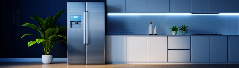 Smart fridge with a touch screen interface, Realistic, Natural and blue tones, Detailed fridge and screen