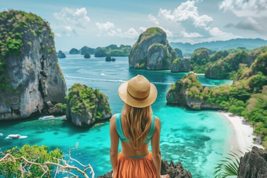 A woman wearing a straw hat gazes out at a tropical bay with clear blue water and lush green islands