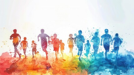 Back to school sports event, students with local team, energetic atmosphere, Watercolor style, white background