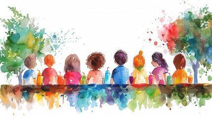 Breakfast gathering, back to school, parents and teachers, community building, Watercolor style, white background