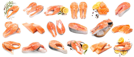 Set of many raw salmon steaks on white background