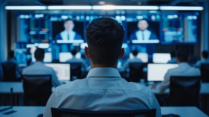 Fototapeta premium Group video conference on a large screen in an office, Realistic, Natural tones, Detailed faces and screen