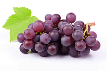 Fototapeta premium purple bunch of grapes one with green leaves isolated on white