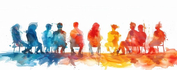 Stress management class, back to school, students discussing mental health, Watercolor style, white background