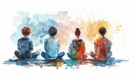 Students in mental health workshop, learning relaxation techniques, back to school, Watercolor style, white background