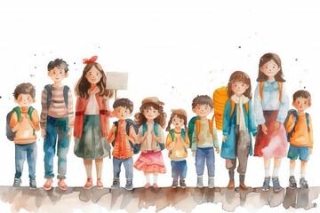 Obraz premium Teacher with welcoming sign, back to school, parents and students together, Watercolor style, white background